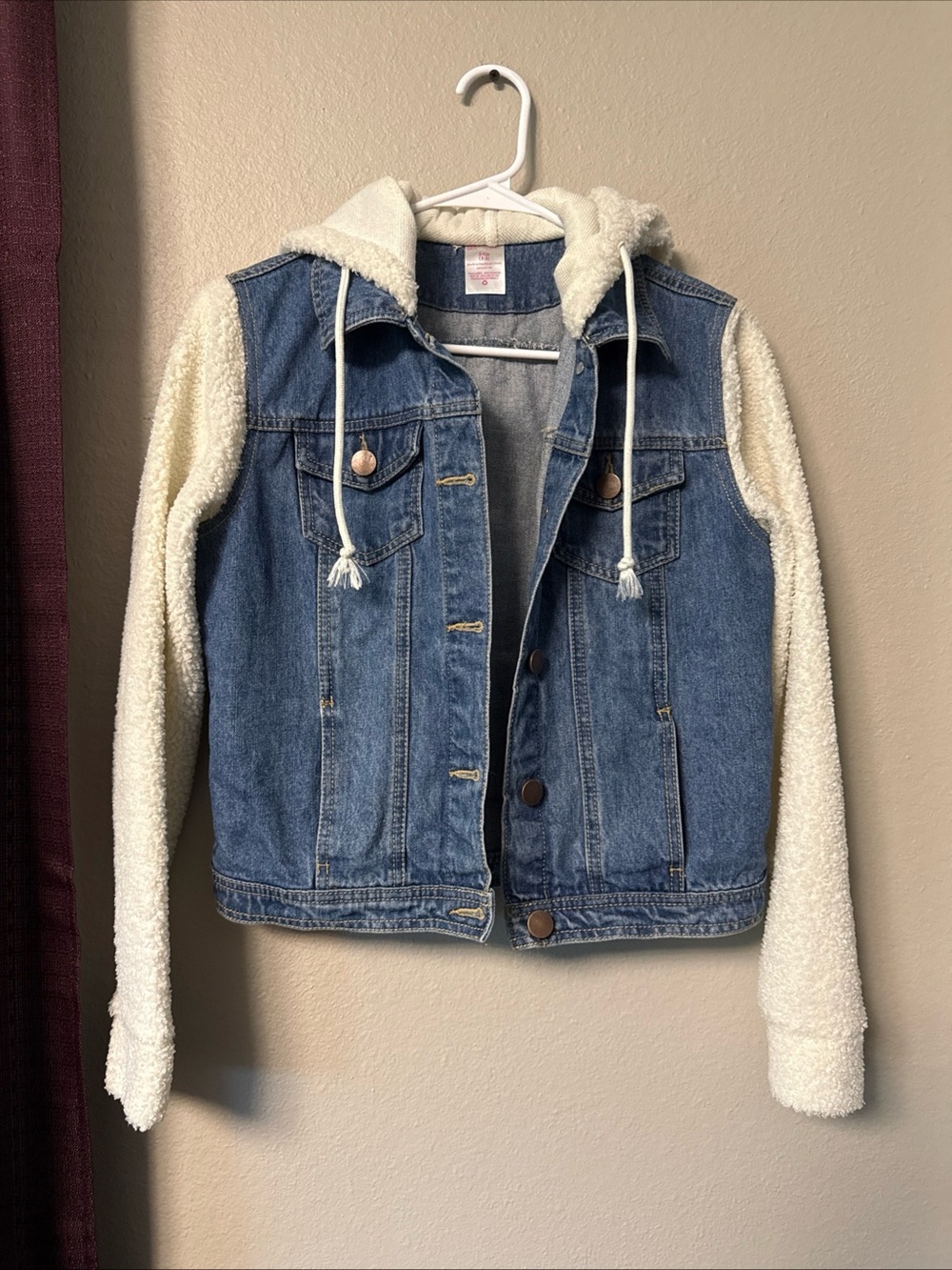 RB33 No Boundaries Fuzzy Sleeve Denim Hoodie Jacket Size Small